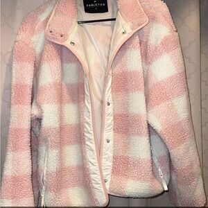 Fabletics Pink and White Teddy Jacket Cozy Outerwear